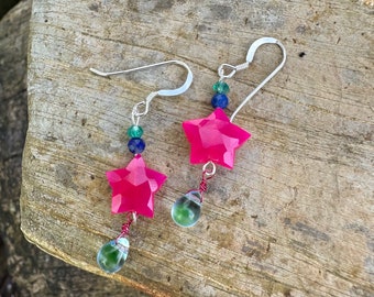 Handmade Pink Chalcedony Star earrings. Gemstone earrings Lola Pinks Silver Earwires Custom Gift