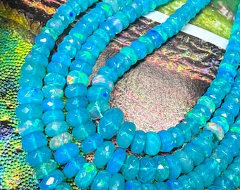 Ethiopian Opal Turquoise Blue special Hand Faceted  Flashy Rondelle Spacer Beads / 4-6mm handcut   beads / Choose quantity