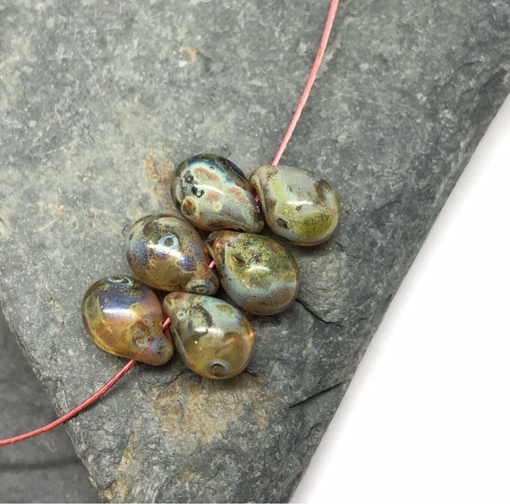 Amazing Multi Tonal Czech Glass  Picasso Drops 6 x 9 mm 4 beads Teardrops Choose Topaz Picasso or Vintage Brown