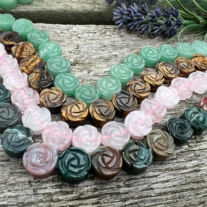 Gemstone Carved Rose Flower  Focal Beads Double Backed /  Rustic Flower  Beads 14mm, 1mm hole size