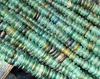 Roman Glass Disc smooth matte  tyre Rondelles Beads Blue Aqua Green Natural aged beads / Ancient Rare Beads 14.5” strand / 6mm approx