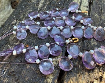 Rustic handcut Brazilian Lilac Amethyst  Faceted flat heart Briolette Beads 8-10mm Purple Gemstone teardrop