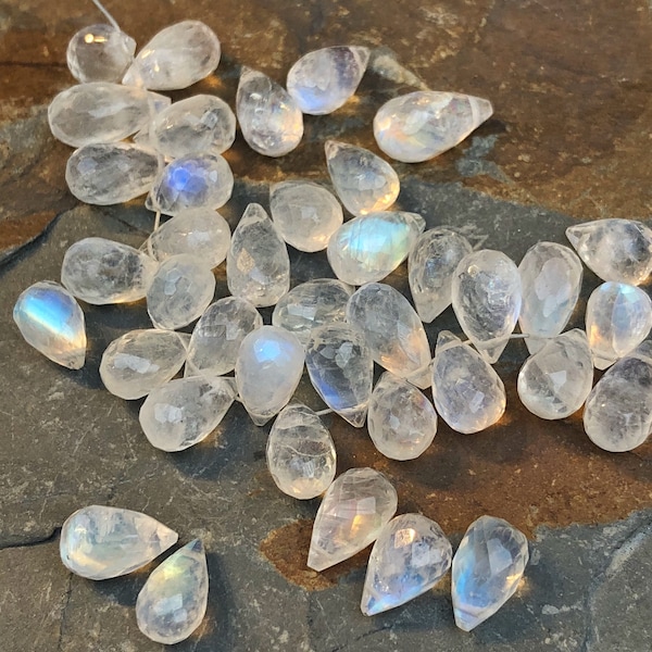 Per BEAD Rustic UNMATCHED Hand Faceted Blue Flash Rainbow Moonstone Briolette Drop Teardrop / PER bead 6-9 mm approx Handcut  - one Bead