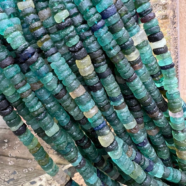 Large Roman Glass Disc tyre Rondelles Beads Blue Aqua Green Natural aged beads / Ancient Rare Beads 13.5” strand - 5-6 mm approx beads 14'