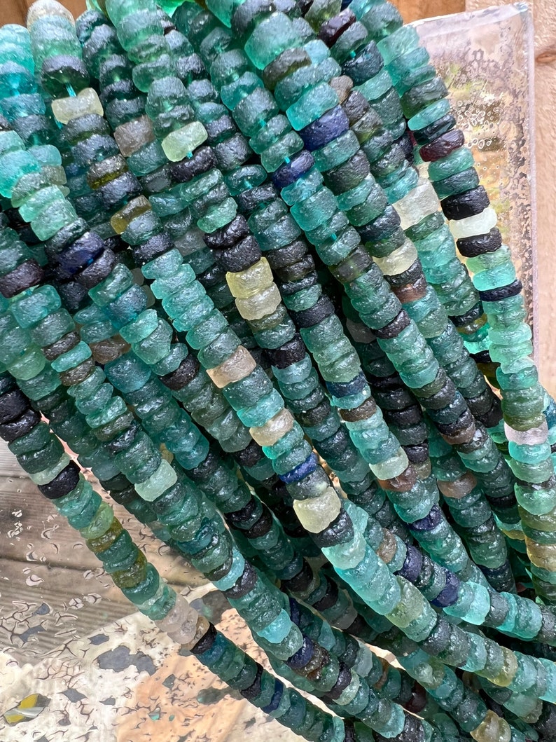 Large Roman Glass Disc tyre Rondelles Beads Blue Aqua Green Natural aged beads / Ancient Rare Beads 13.5 strand 5-6 mm approx beads 14' image 1