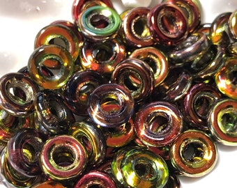 Czech Glass Loops Hoops Loopzillas Ring Bead Two tone Large Hole Round Beads Choose Colour RARE 2 bead set