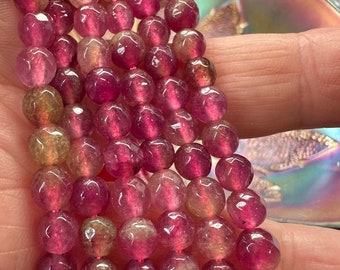 NEW Unique Pink Lady faceted round Chacedony beads. Multi tonal Pink Green Gemstone beads 6mm