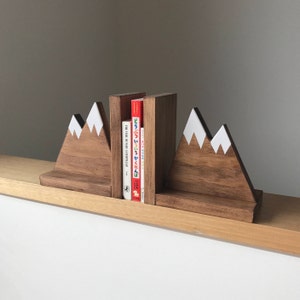 Mountain Peak Book ends, Woodland Nursery Decor, Stained Wooden Bookends, Bookends for kids, Mountain Book Ends, Hike Decor