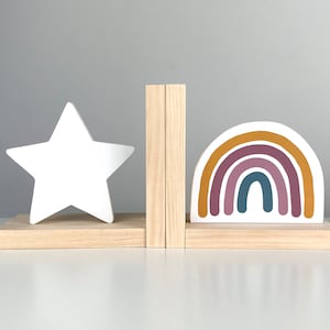 Serre-livres arc-en-ciel, décoration bohème pour chambre d'enfant, serre-livres en bois pour enfants, chambre d'enfants, cadeau de douche non sexiste, Scandi rose blush bohème