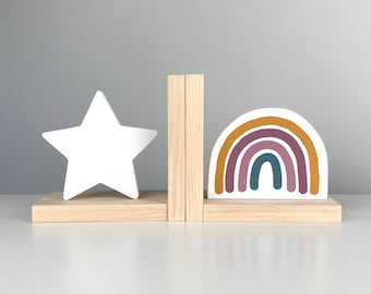 Rainbow Bookends, Boho Nursery Decor, Wooden Book ends for Kids, Children's Bedroom, Gender Neutral Shower Gift, Bohemian Blush Pink Scandi