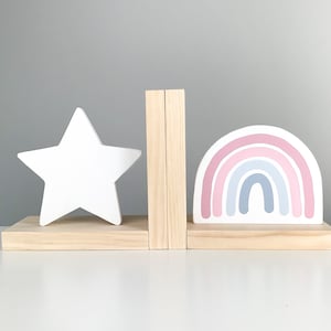 Rainbow Bookends, Boho Nursery Decor, Wooden Book ends for Kids, Children's Bedroom, Gender Neutral Shower Gift, Bohemian Blush Pink Scandi