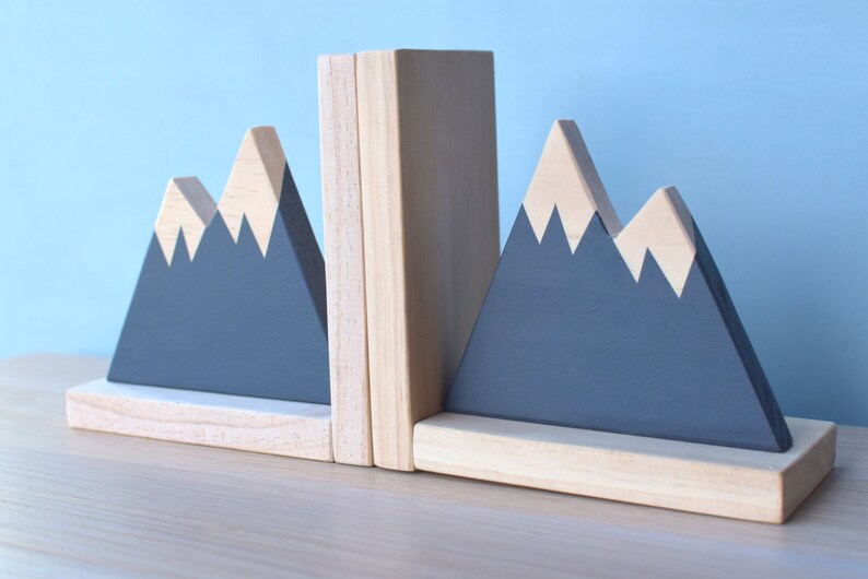Navy Mountain Bookend, Mountain Bookends for Kids, Book Ends for Kids, Woodland Nursery Decor, Woodland Decor, Mountain Peak Decor, image 2