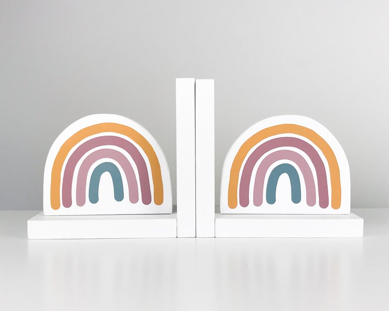 Rainbow Bookends, Boho Nursery Decor, Wooden Book ends for Kids, Children's Bedroom, Gender Neutral Shower Gift, Boho, Scandi, Rainbow baby image 1