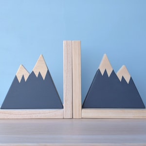 Navy Mountain Bookend, Mountain Bookends for Kids, Book Ends for Kids, Woodland Nursery Decor, Woodland Decor, Mountain Peak Decor, image 1