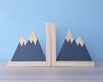 Navy Mountain Bookend, Mountain Bookends for Kids, Book Ends for Kids, Woodland Nursery Decor, Woodland Decor, Mountain Peak Decor,