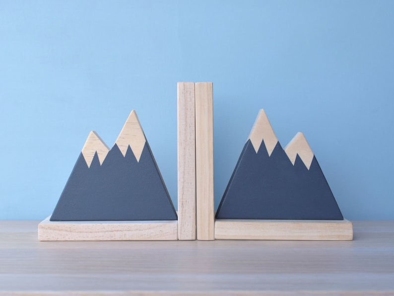 Navy Mountain Bookend, Mountain Bookends for Kids, Book Ends for Kids, Woodland Nursery Decor, Woodland Decor, Mountain Peak Decor, image 1