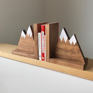 Mountain Peak Book ends, Woodland Nursery Decor, Stained Wooden Bookends, Bookends for kids, Mountain Book Ends, Hike Decor image 3