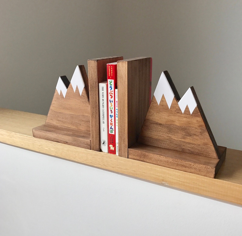 Mountain Peak Book ends, Woodland Nursery Decor, Stained Wooden Bookends, Bookends for kids, Mountain Book Ends, Hike Decor image 3