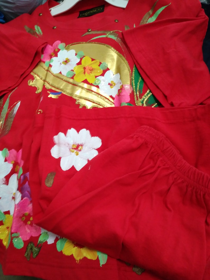 One Size Embellished Red Shorts Set Short Sleeves Elastic Waist