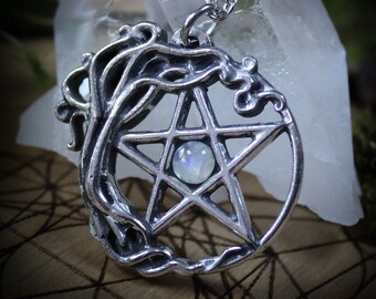 Pentagram necklace surrounded by a tree of life, with natural rainbow moonstone, handmade pagan jewelry