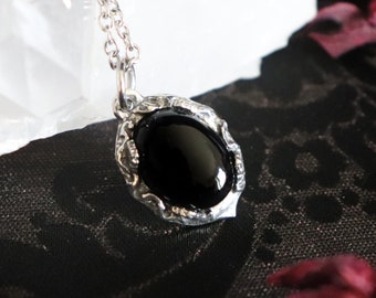 Delicate necklace with black onyx, handmade gothic jewelry in fine pewter with natural stone