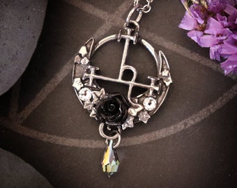 Sigil of Lilith pendant with black rose and white swarovski crystals, seal of Lilith