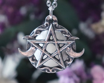 Collana con pentacolo e tripla luna, pendente pentagramma con labradorite, pietra di luna, ametista o ossidiana