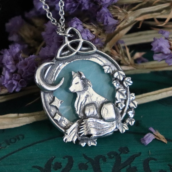 Gros pendentif renard et croissant de lune, orné d'une amazonite naturelle, bijou en étain fin