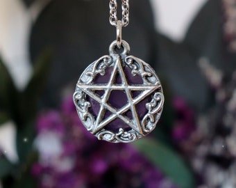 Wiccan pentagram necklace with natural purple amethyst, pentacle pendant, occulte jewelry, wicca amulet, pagan