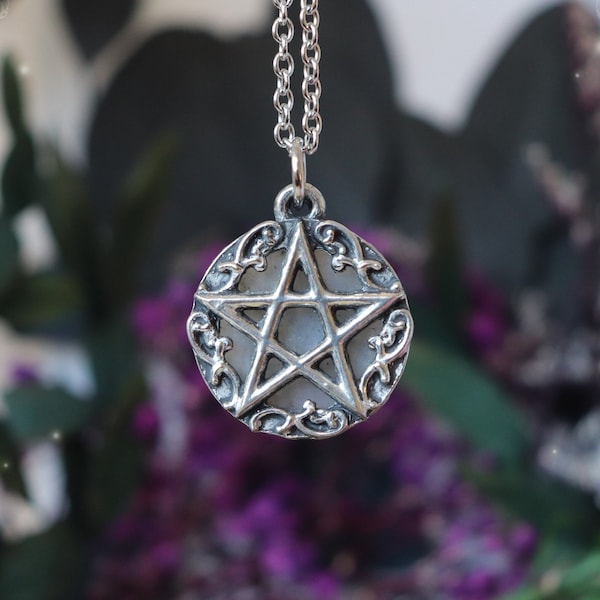 Wiccan pentagram necklace with rainbow moonstone, pentacle pendant, wicca jewelry, occult, witchy