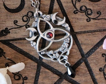 Elven triquetra necklace with natural red garnet, celtic trinity knot pendant, handmade pagan jewelry, wiccan symbol