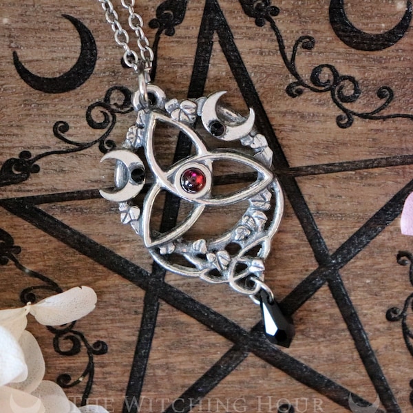 Elven triquetra necklace with natural red garnet, celtic trinity knot pendant, handmade pagan jewelry, wiccan symbol