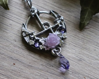 Lilith sigil necklace with purple rose and crystals, goddess lilith pendant handmade in fine pewter, perfect gift for a witch