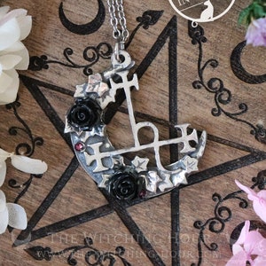 Sigil of Lilith necklace with moon crescent and black roses, seal of the goddess Lilith pendant, handmade occult jewelry