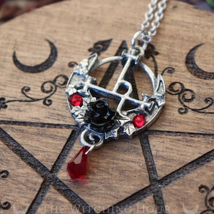 Sigil of Lilith necklace with black rose and red crystals, Goddess Lilith&#39;s seal pendant, handmade occult jewelry, Ishtar symbol