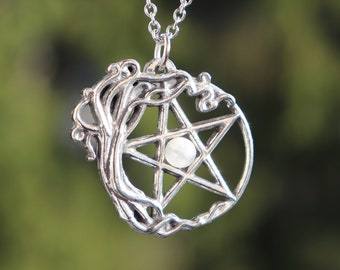 Pentagram necklace surrounded by a tree of life, with natural rainbow moonstone, handmade pagan jewelry