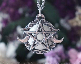 Pentagram necklace with rainbow moonstone, triple moon pendant, handmade pagan jewelry in fine pewter