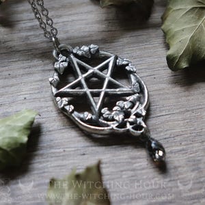 Pentacle necklace with ivy leaves, celtic interlacing and gray drop, pagan and spiritual jewelry inspired by nature, wiccan necklace