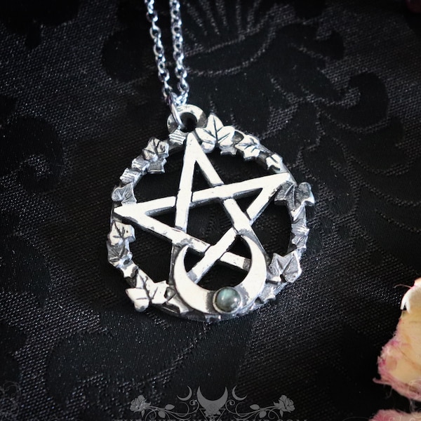 Large pendentif pentacle et croissant de lune avec labradorite, collier pentagramme gothique