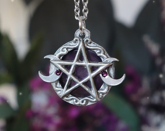 Wiccan pentacle necklace with amethyst, pagan pentagram pendant with triple moon, witchy jewelry, handmade wicca amulet