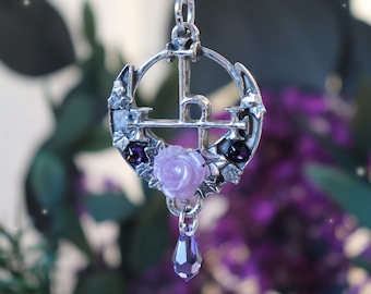 Lilith sigil necklace with purple rose and crystals, goddess lilith pendant handmade in fine pewter, perfect gift for a witch