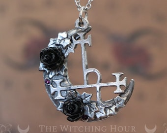 Lilith sigil necklace with moon crescent and black roses, seal of the goddess Lilith, handmade occult jewelry in fine pewter