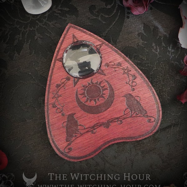 Puntatrice Ouija in legno rosso decorata con due corvi, goccia per la pratica dello spiritismo, da utilizzare con tavoletta Ouija