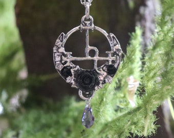 Lilith's sigil necklace with moon cresent, black rose and light purple drop, symbol of the goddess Lilith occult pendant witchy pagan