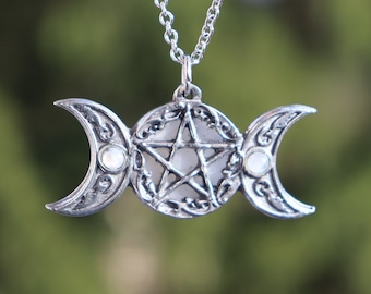 Pentagram and triple moon necklace with natural rainbow moonstone, handmade pagan jewelry in fine pewter