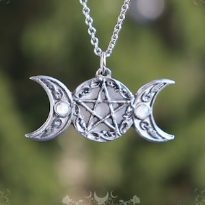 Pentagram and triple moon pendant with natural rainbow moonstone, handmade pagan jewelry, wiccan symbol of protection, gothic necklace