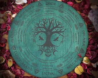 Wooden wheel of the year with tree of life