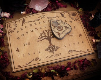 Tree of life and ravens wooden ouija board, planchette for spiritualism