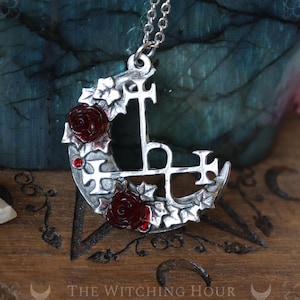 Sigil of Lilith necklace with moon crescent, red roses and ivy leaves, seal of the goddess Lilith pendant handmade occult jewelry
