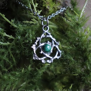 Celtic triquetra pendant with malachite, celtic trinity knot necklace, handmade pagan and wicca jewelry, witch knot symbol
